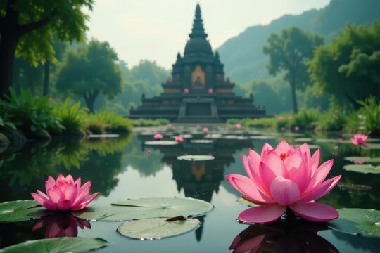 lotus flowers blooming in pond within dharmarajika stupa, aquatic life, stupa, water lilies