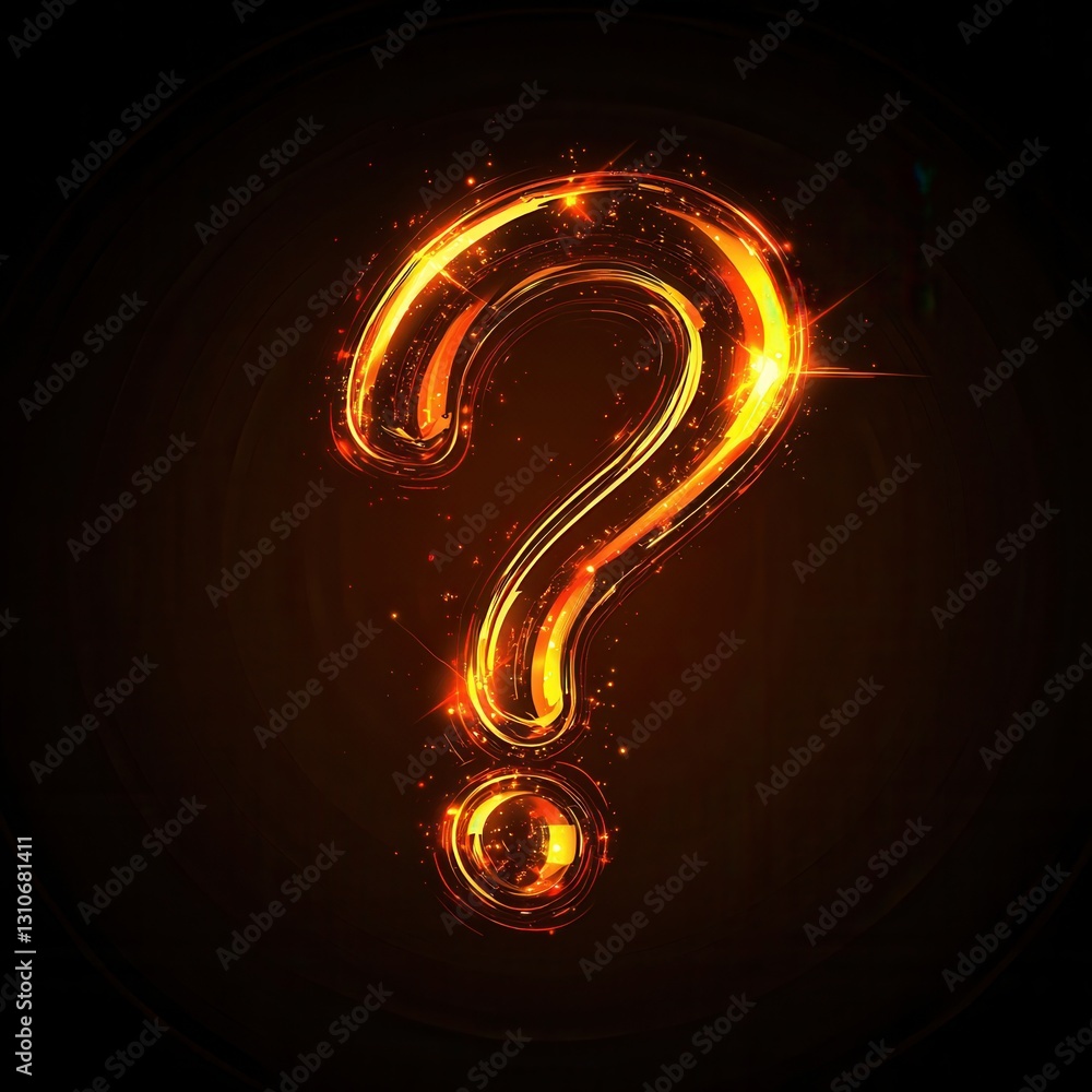 Poster Modern minimalist question mark design with glowing light bursts in flat style on a dark background