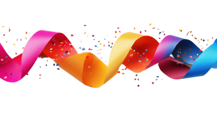 Colorful ribbons on a white background with confetti, perfect for celebration themes and festive designs.