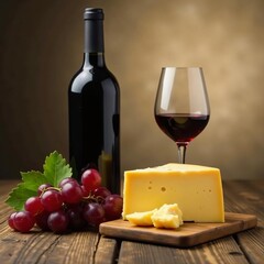 Bottle of red wine, cheese, grapes on wooden table, vineyard, rustic, composition