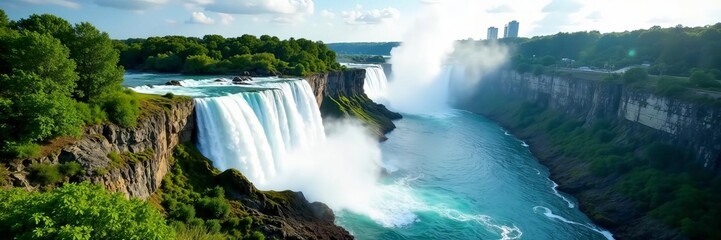 Breathtaking bird's eye view of iconic Niagara Falls surrounded by lush greenery, greenery, view, waterfall