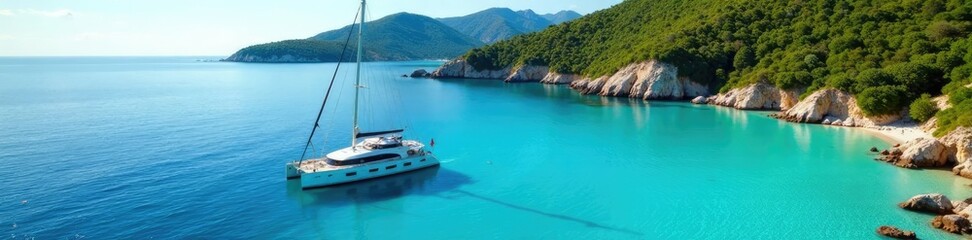 Fototapeta premium Luxury yacht anchored in a secluded Mediterranean lagoon, sailboat, lagoon