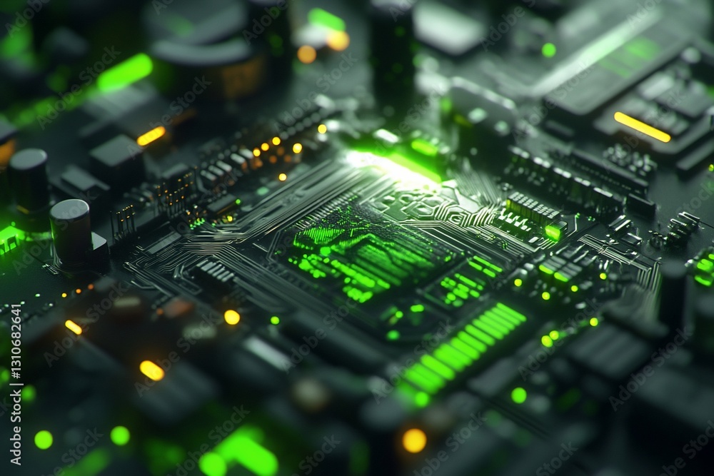 Poster close-up of illuminated green circuit board with central processor.