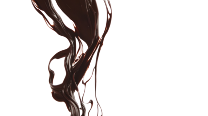 Rich and smooth chocolate syrup flowing in an artistic pattern against a white isolated background.