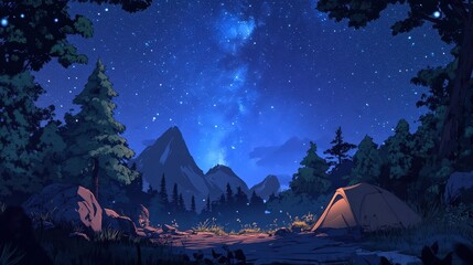 Under the Milky Way: A tranquil campsite basks under a mesmerizing, star-studded night sky. Mountains loom in the distance.