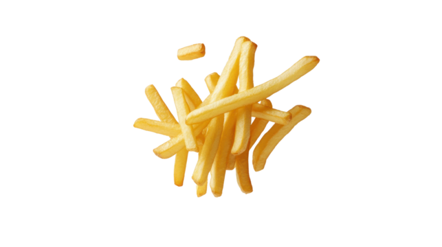 Crispy golden French fries arranged on a white isolated background, perfect for fast food and snack themes.