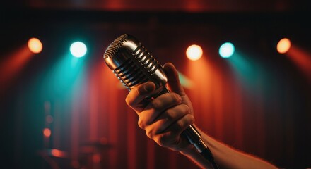Vintage Microphone on Stage: Dramatic Lighting, Retro Feel, Classic Music Concert Performance