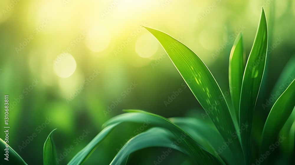 Poster close-up of vibrant green leaves illuminated by sunlight, creating a bokeh effect in the background.