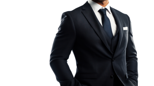Confident businessman in a tailored suit, isolated on a white background.
