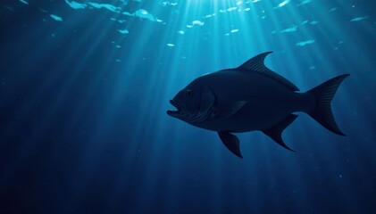 Deep-sea fish silhouette on dark blue background, deep sea, fish, silhouette