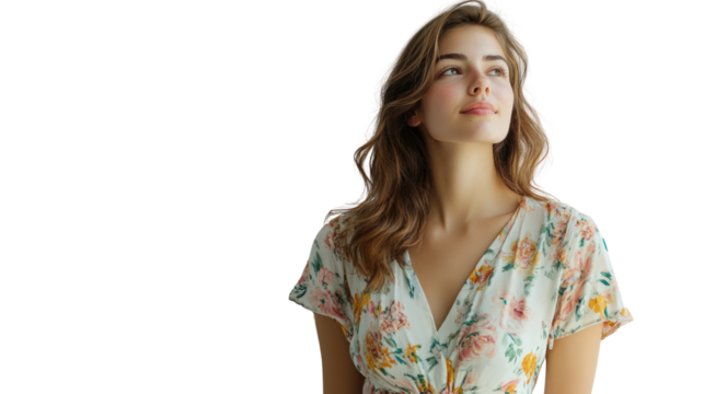 A young woman gazing thoughtfully into the distance, dressed in a floral dress against a white isolated background.