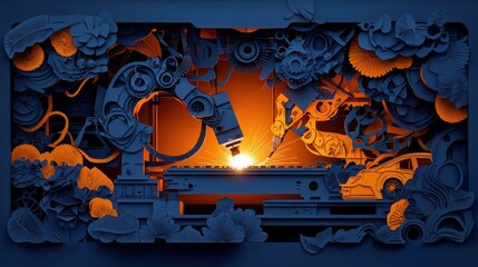 Intense Metal Welding Process in Dimly Lit Workshop with Sparks Flying