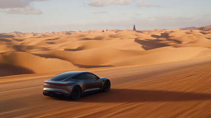 A sleek electric car driving on a road surrounded by endless sand dunes