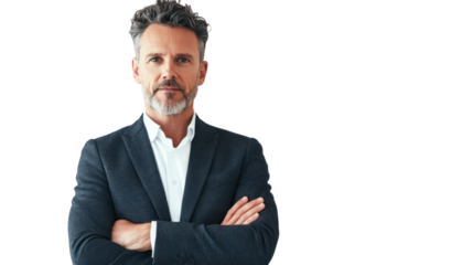 Confident businessman with arms crossed, demonstrating leadership and professionalism in a modern office setting.