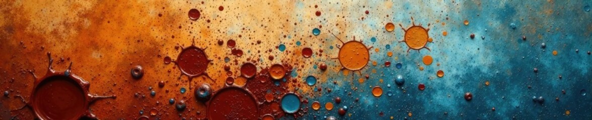Thick brown paint splatters on textured canvas with blue undertones, abstract, splatter, thick