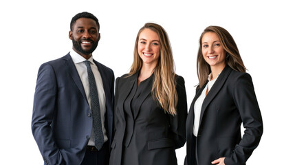 Three confident business professionals smiling together, showcasing teamwork and professionalism against a white background.