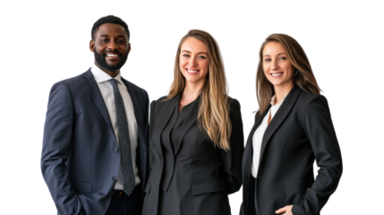 Three confident business professionals smiling together, showcasing teamwork and professionalism against a white background.