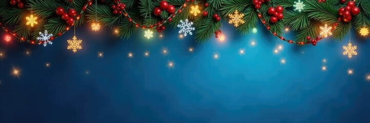 Twinkling lights on a festive garland with snowflakes and berries hang from the ceiling above a blue backdrop, blue space, festive atmosphere, holiday decor
