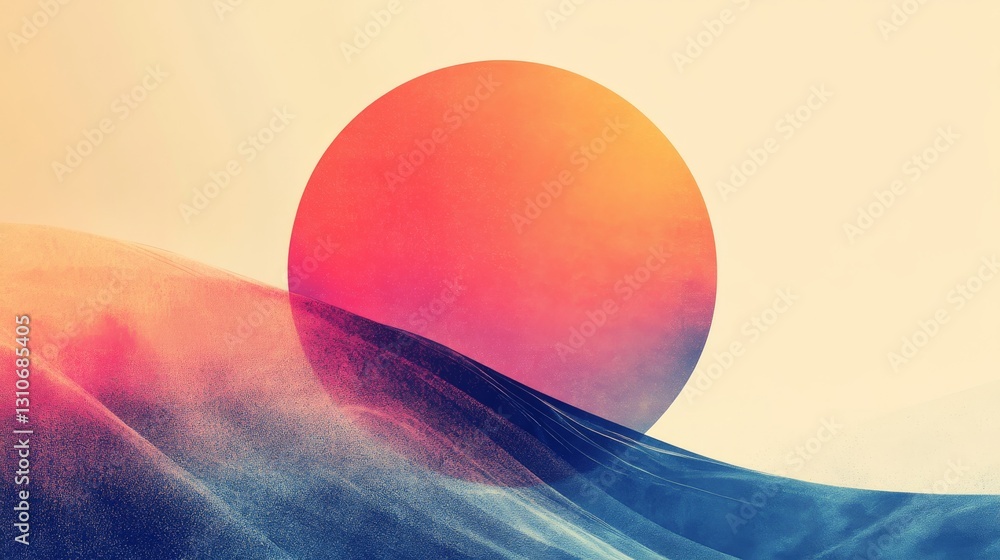 Poster a colorful circular shape overlapping an abstract wavy landscape