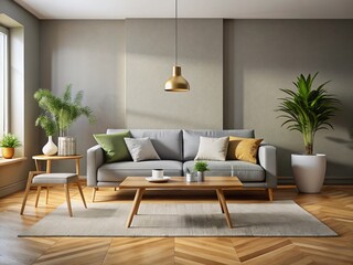 Minimalist Living Room Interior: Grey Couch, Light Wood Coffee Table, Empty Wall - Stock Photo