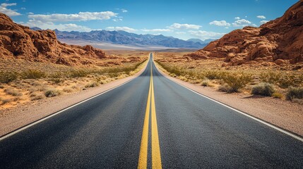 Fototapeta premium An electric car speeding down an empty road that cuts through vast, rocky desert terrain