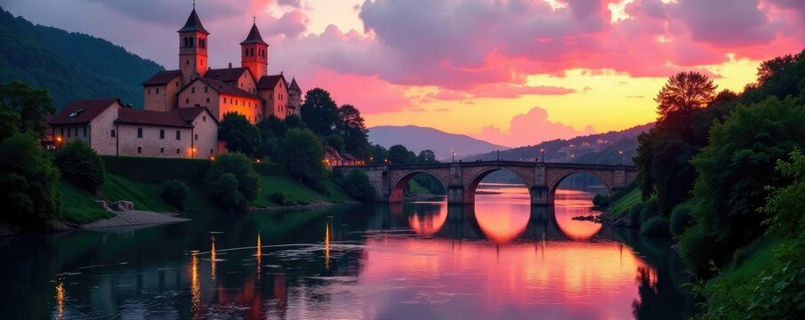 Un tramonto romantico sulle rive del fiume con un villaggio antico, ponte vecchia, nuvola bassa, torre alta