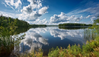Fototapeta premium serene lake landscape reflecting a beautiful cloudy sky on a sunny summer day