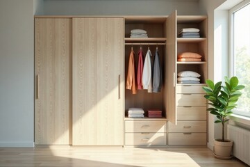 Sunlight streams through a window illuminating a neatly organized light wood sliding door wardrobe with clothing and folded items