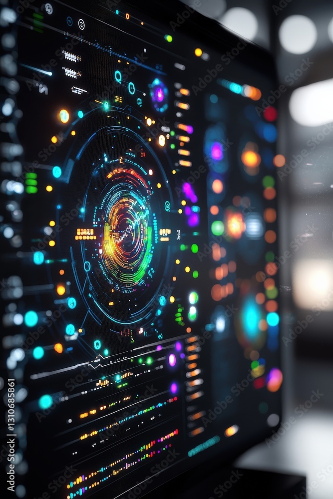 Poster close-up of a holographic interface showing advanced data metrics
