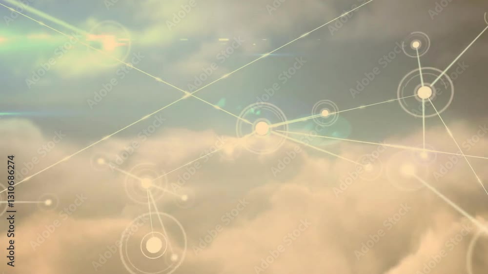 Poster network of connections and data processing animation over cloudy sky background