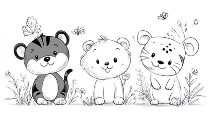 Three friendly and cute animal characters are happily smiling together outdoors