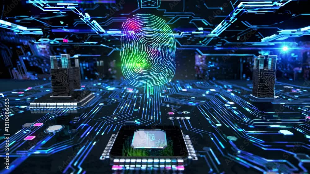Poster futuristic video concept with a top-down angle showing a glowing fingerprint on a digital circuit bo