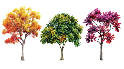 Fototapeta premium Assorted colorful trees showcasing vibrant autumn hues against a white isolate background.