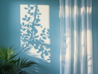 Tranquil room corner with leafy window shadow on pastel wall and flowing curtain, ideal for minimalist, aesthetic, or natural-themed creative compositions


