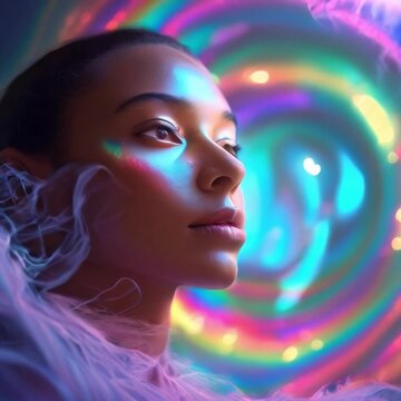 Young woman with colorful makeup and abstract circular colorful background, female supermodel, ebony model facial video shoot, elegant woman beauty model face closeup generative AI