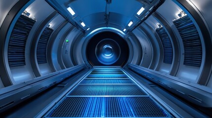 Obraz premium Futuristic Tunnel with Blue Light and High-Tech Atmosphere