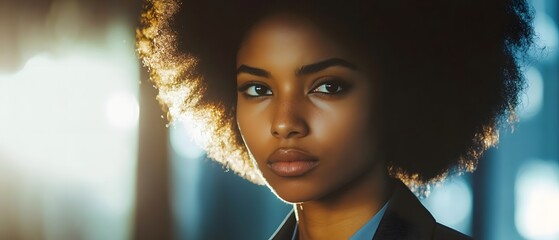 Captivating close up portrait of an African American woman with curly hair in a thoughtful introspective pose against a natural atmospheric background