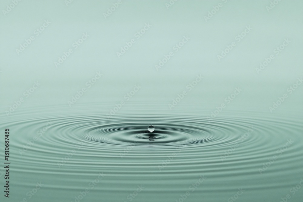 Poster single water drop falling, creating concentric ripples on calm surface.