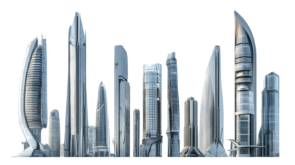 Futuristic skyline featuring high-rise buildings on a white isolated background.