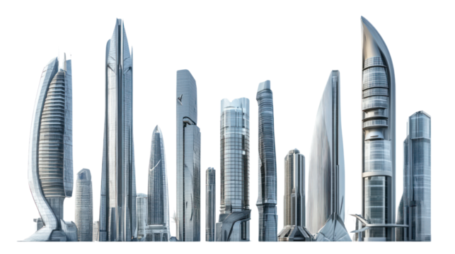 Futuristic skyline featuring high-rise buildings on a white isolated background.