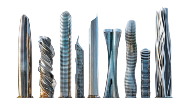 A collection of modern skyscrapers with unique designs against a white background.