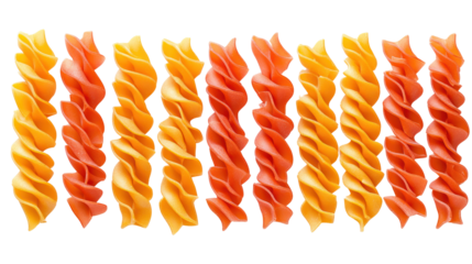 Colorful spiral pasta shapes in a row, perfect for culinary creativity and delicious dishes.