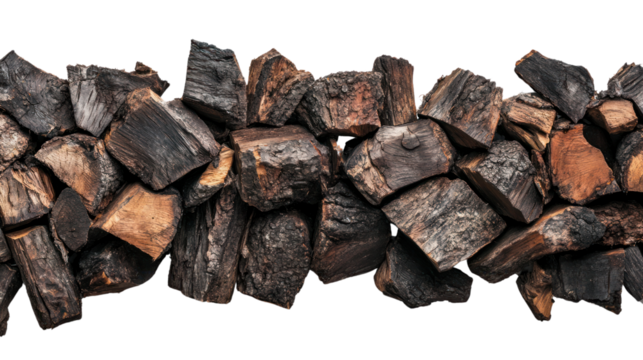 Stacked firewood on a white isolated background, showcasing the rich textures and natural colors of the wood.