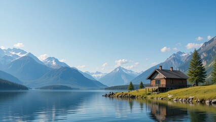 Wooden house in side of lake with beautiful mountain scenery