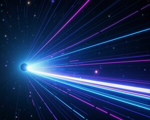 Naklejka premium A vibrant depiction of light beams radiating from a central point in a dark cosmic space, showcasing a blend of blue and purple hues.