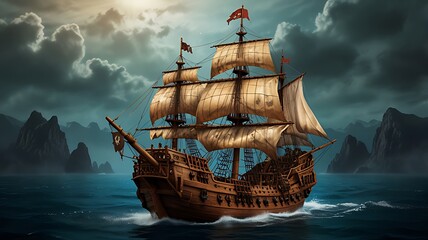 For historical nautical and adventure-themed design projects, a realistic PNG graphic of an antique pirate ship with a translucent backdrop is available.