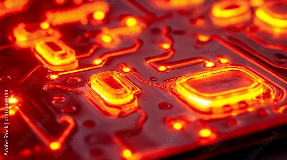 Aufkleber close-up of illuminated circuit board with red glowing components.