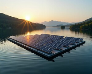 A serene sunset reflects on water, showcasing a floating solar panel installation powered by renewable energy.