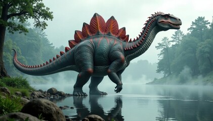 Obraz premium Enormous Spinosaurus near riverbank with misty atmosphere, spinosaurus, foggy, silhouette