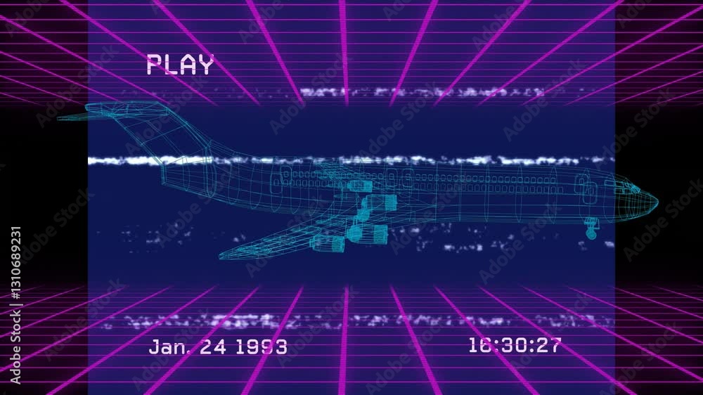 Poster retro wireframe airplane animation with vhs-style overlay and date stamp